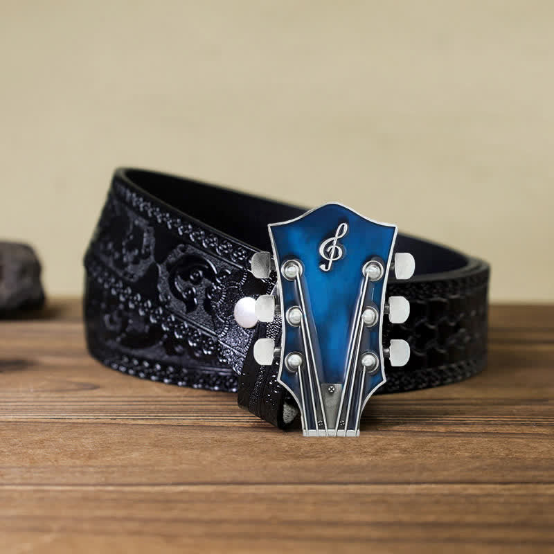 Cintura in pelle con fibbia per paletta di chitarra musicale fai da te da uomo - Blu - Cintura nera intagliata (40) - image 19