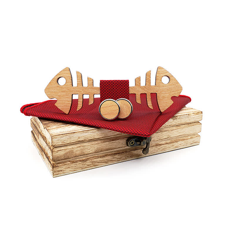 Set di 3 papillon in legno a spina di pesce da uomo - Rosso - image 0