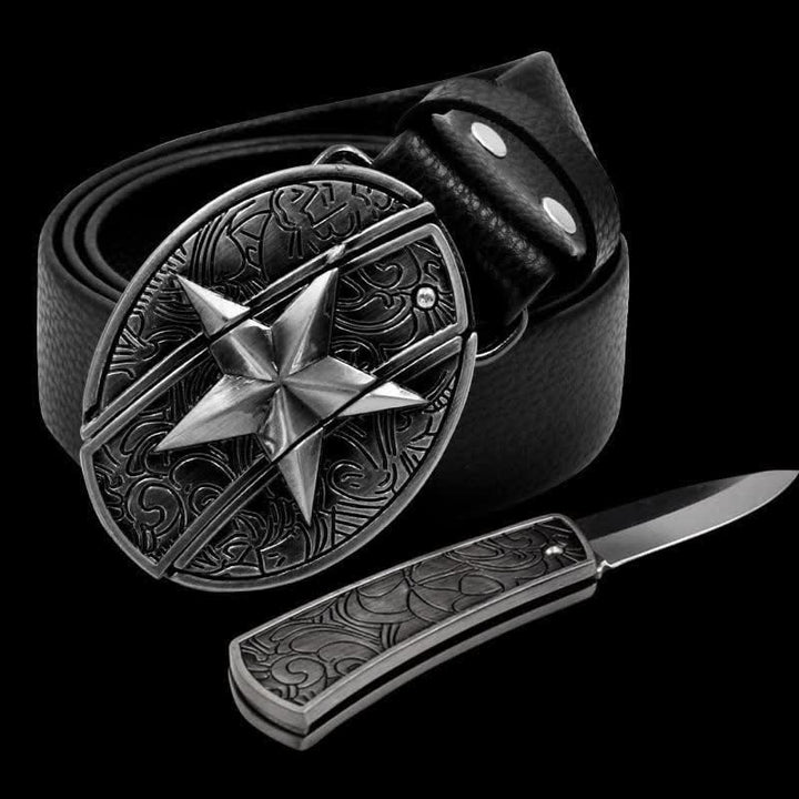 Cintura in pelle con pentagramma da uomo con coltello pieghevole