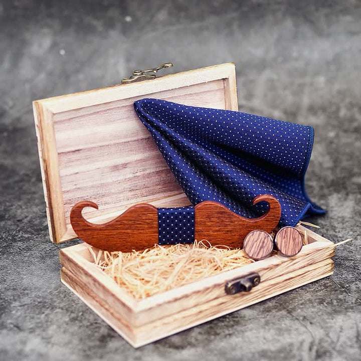 Set di 3 papillon in legno con baffi da uomo