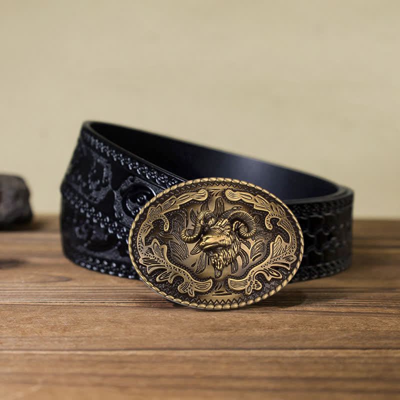 Cintura in pelle con fibbia a forma di testa di capra selvatica in bronzo fai da te da uomo