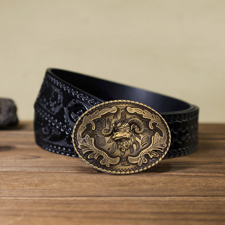 Cintura in pelle con fibbia a forma di testa di capra selvatica in bronzo fai da te da uomo