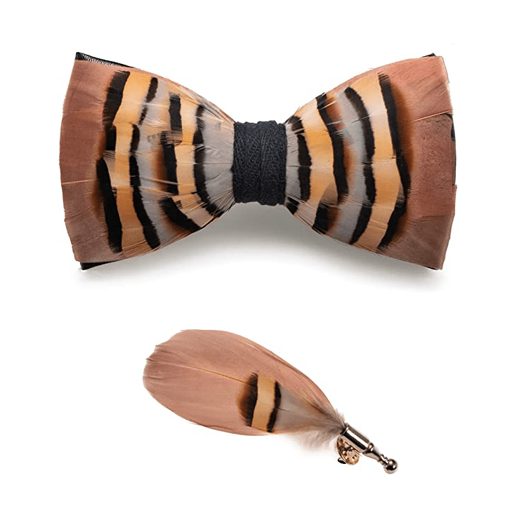 Papillon Genius in piume di cincillà marrone e corallo chiaro per bambini con spilla da bavero - image 5