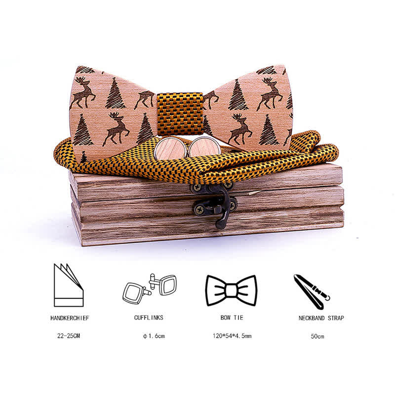 Set di 3 papillon in legno con motivo a cervo e albero di Natale da uomo