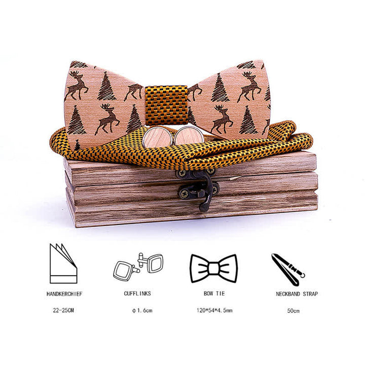 Set di 3 papillon in legno con motivo a cervo e albero di Natale da uomo