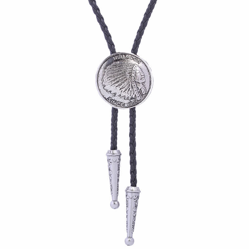 Cravatta Bolo classica in stile tribale con testa indiana - Argento antico - image 0