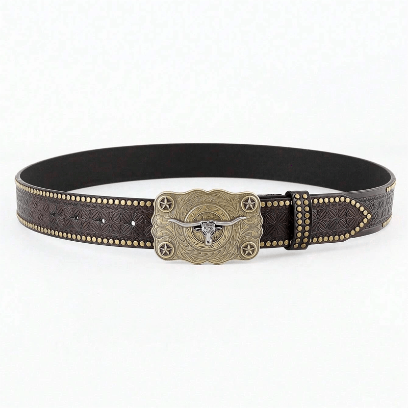 Cintura in pelle con decorazioni borchiate a forma di testa di toro Longhorn da uomo