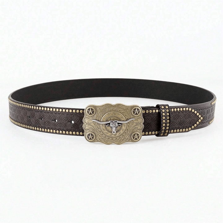 Cintura in pelle con decorazioni borchiate a forma di testa di toro Longhorn da uomo