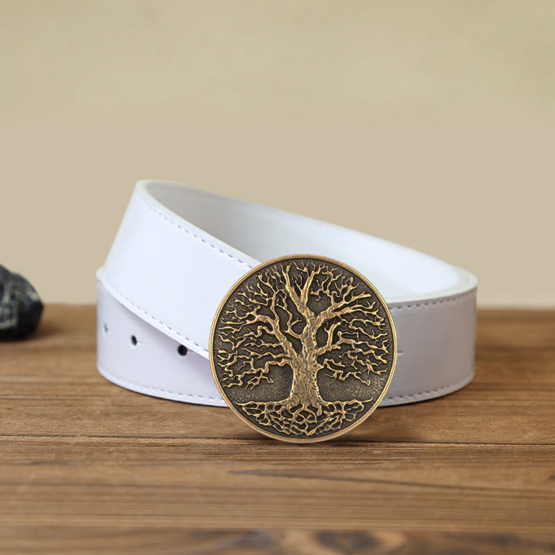 Cintura in pelle con fibbia rotonda fai da te con albero della vita da uomo - Bronzo - Cintura PU bianca (40) - image 10