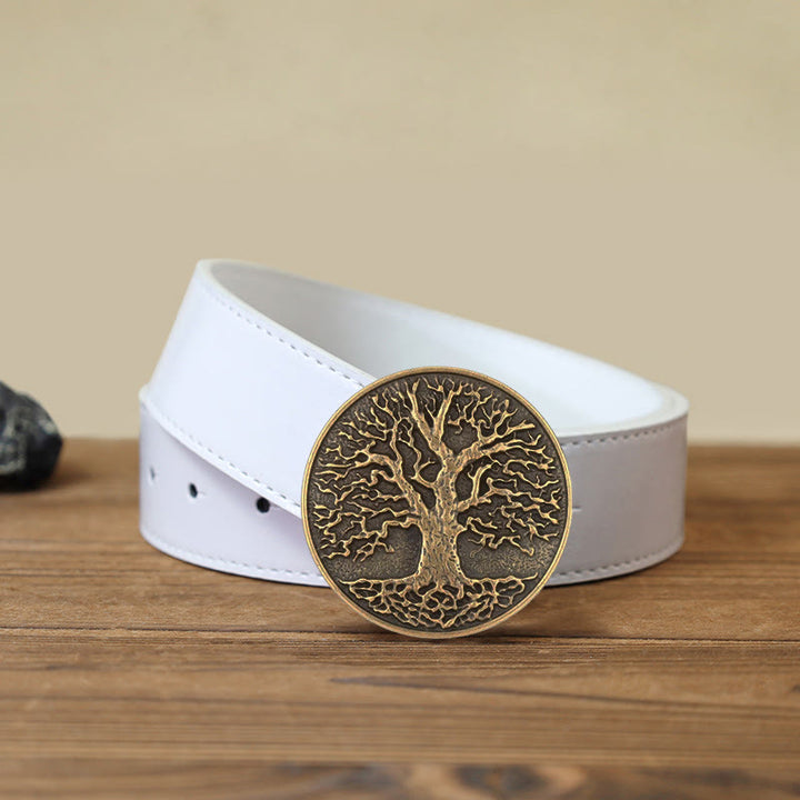 Cintura in pelle con fibbia rotonda fai da te con albero della vita da uomo - Bronzo - Cintura PU bianca (40) - image 10