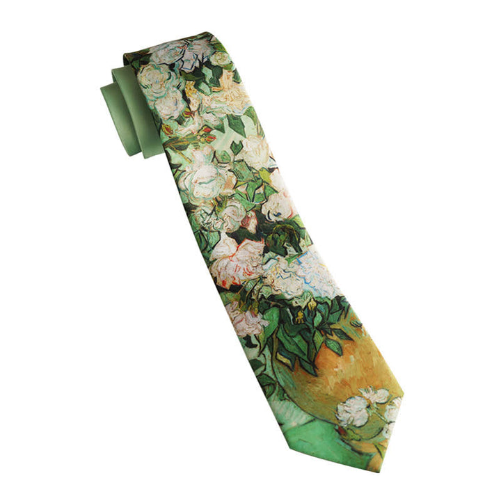 Cravatta floreale da uomo con rose bianche e verde chiaro