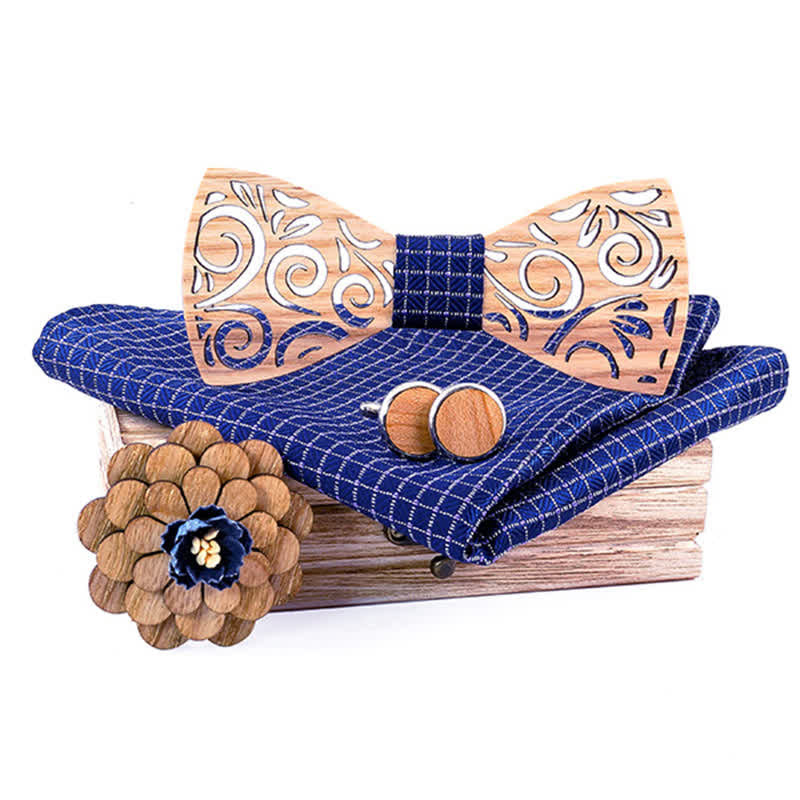 Set di 4 papillon in legno con motivo a foglia cava da uomo