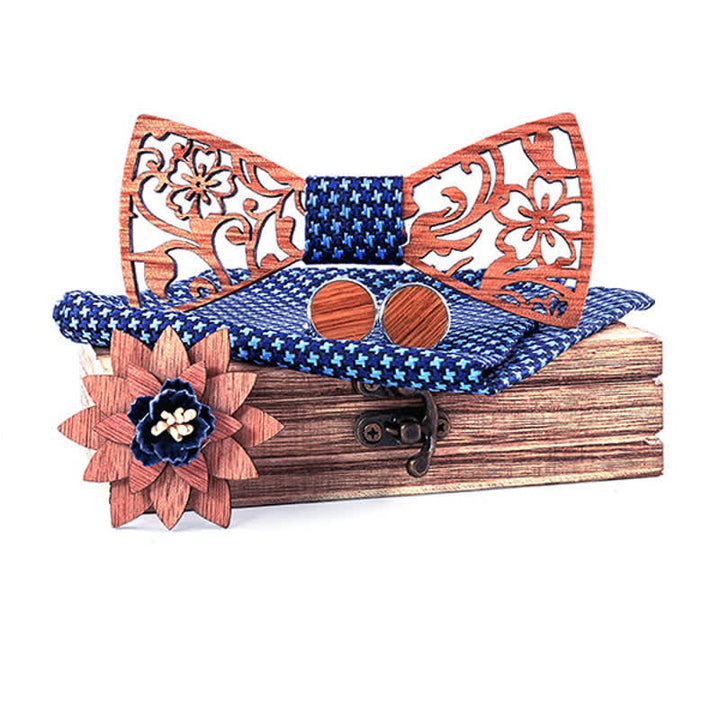 Set di 4 papillon in legno con motivo floreale cavo da uomo - Blu cielo - image 12