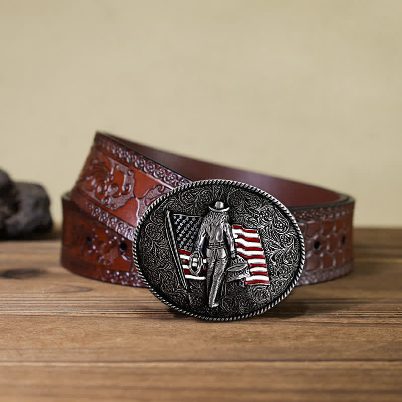 Cintura in pelle con fibbia della bandiera americana da cowboy fai da te da uomo