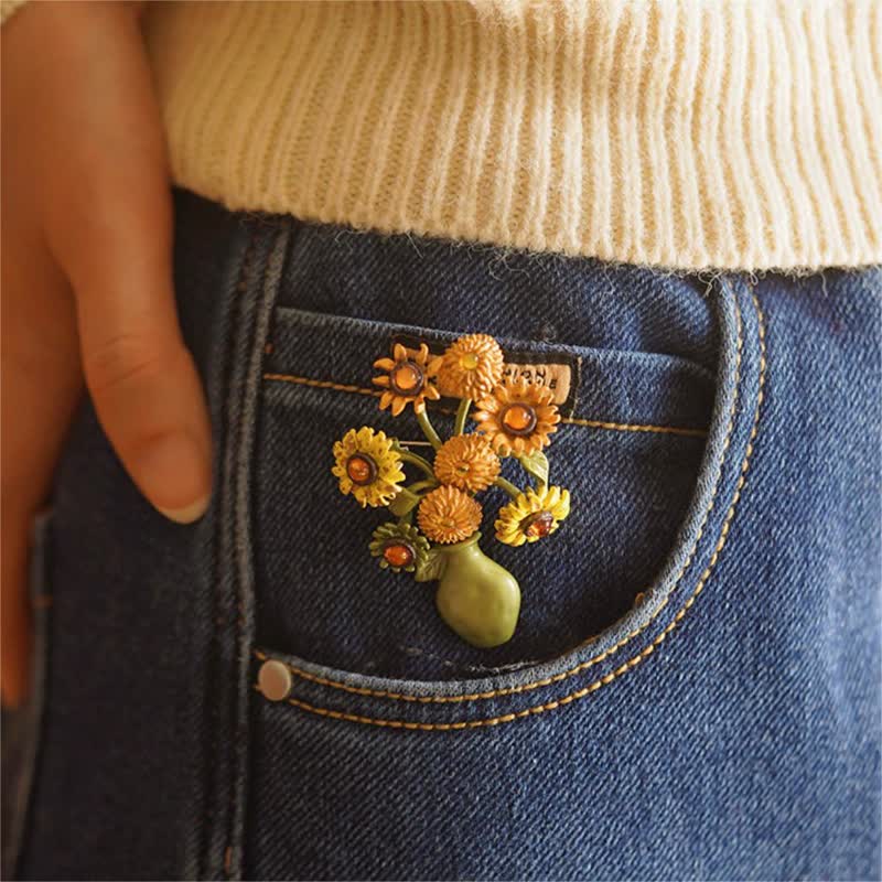 Spilla da donna a forma di vaso di girasole in smalto
