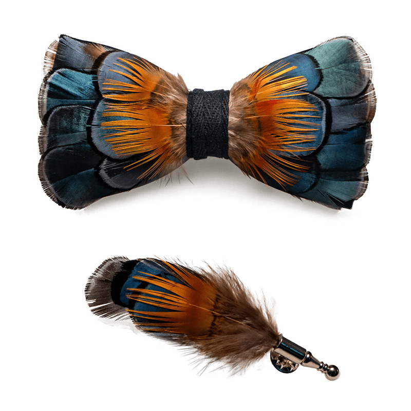 Papillon con piuma di girasole verde e arancione e spilla da bavero - image 3