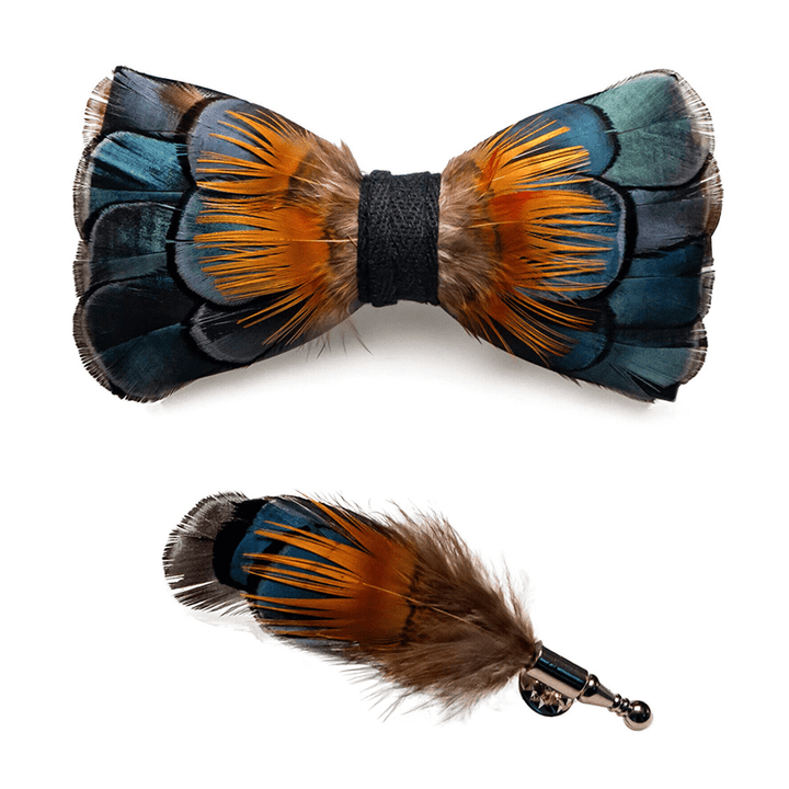 Papillon con piume di girasole verde e arancione per bambini con spilla da bavero