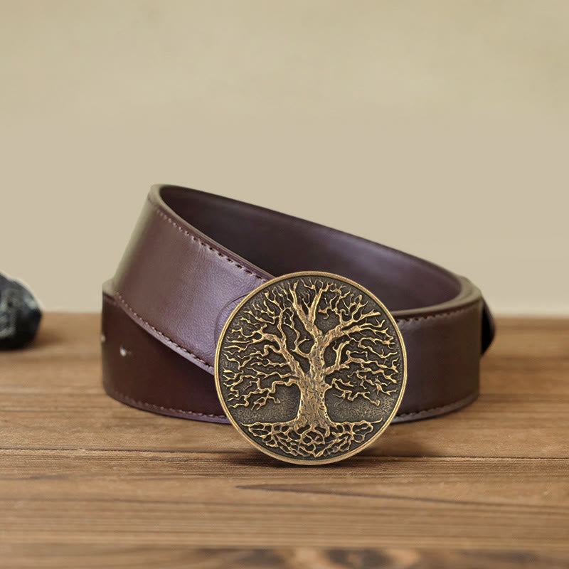 Cintura in pelle con fibbia rotonda fai da te con albero della vita da uomo - Bronzo - Cintura PU marrone (40) - image 12