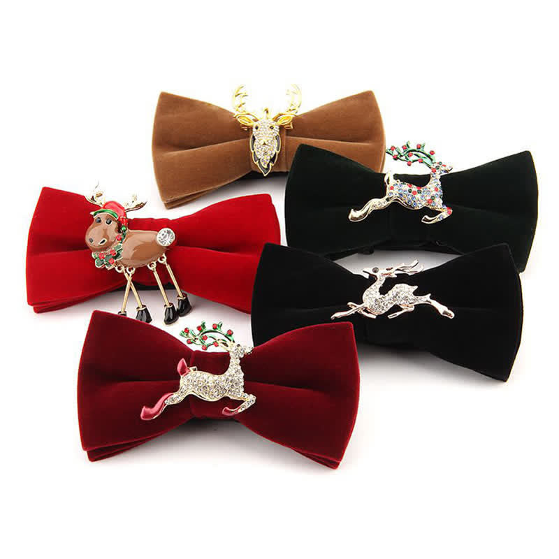 Papillon natalizio in velluto con strass e testa di alce da uomo