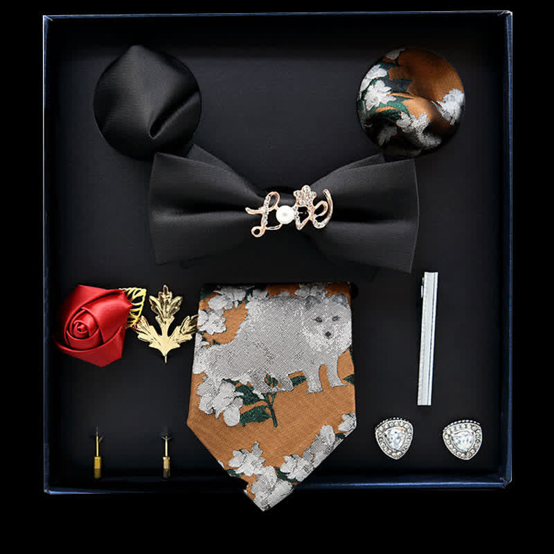 8 pezzi papillon casual floreali neri e dorati in scatola regalo - Nero e Verga d'oro - image 0