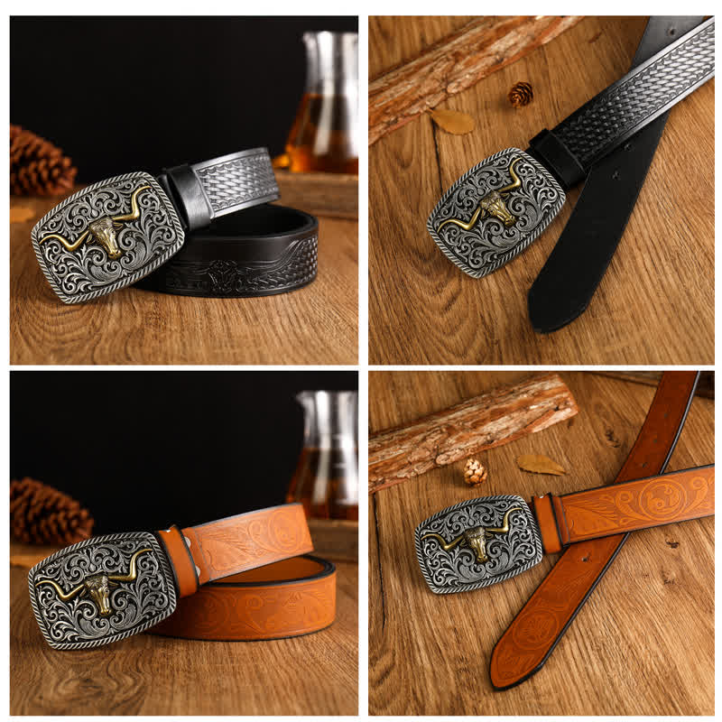 Cintura in pelle con fibbia a forma di toro quadrato a forma di fiore da uomo