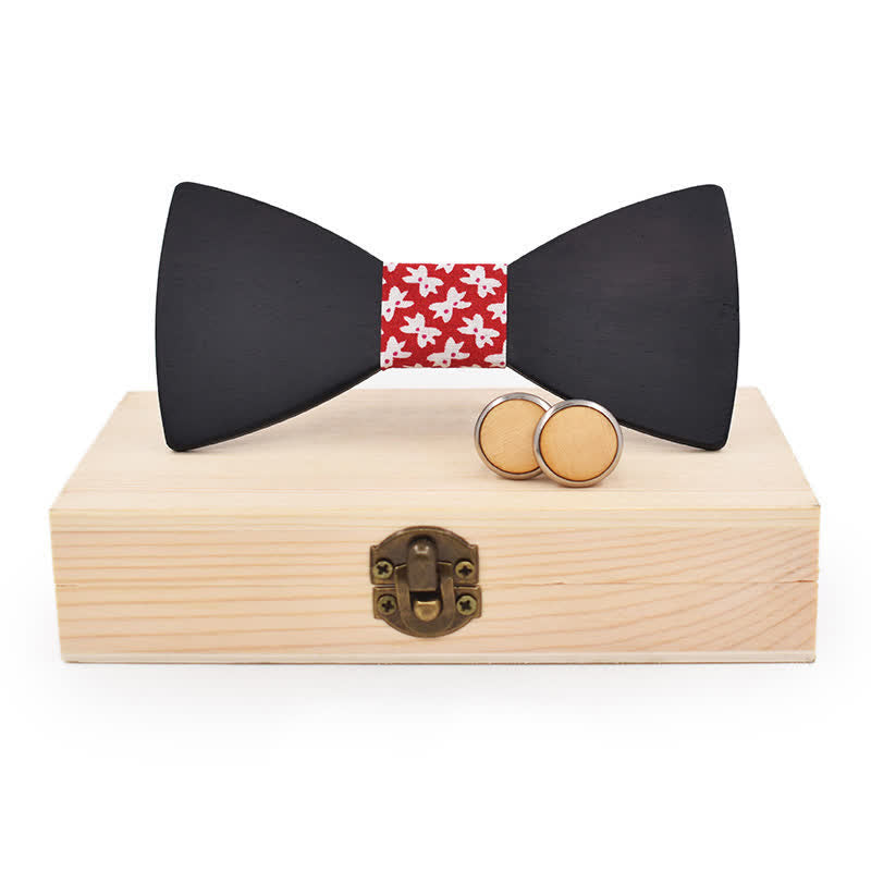 Set di 2 gemelli da uomo in legno nero con papillon - Floreale rosso - image 13