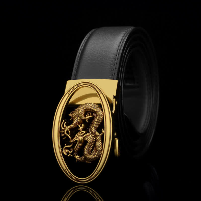 Cintura in pelle vintage con drago volante da uomo - Nero / Cuciture - 46 - image 0