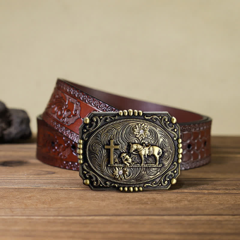 Cintura in pelle fai da te da uomo con fibbia per preghiera inginocchiata a forma di croce di cavallo