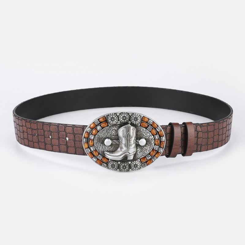 Cintura in pelle con perline di legno da uomo con stivali da cowboy
