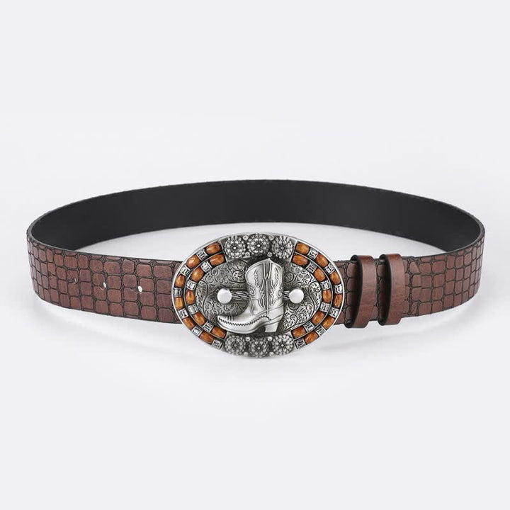 Cintura in pelle con perline di legno da uomo con stivali da cowboy