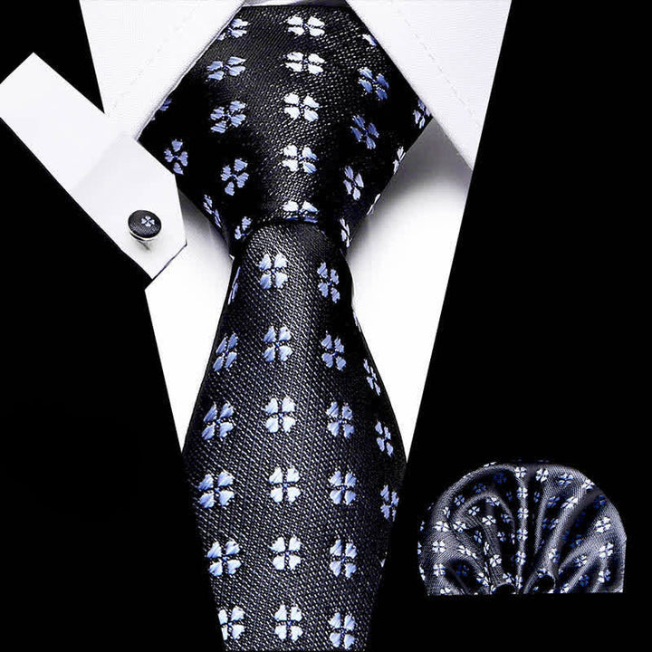 Set di 3 cravatte da uomo nere e blu con motivo a quadrifoglio fortunato 