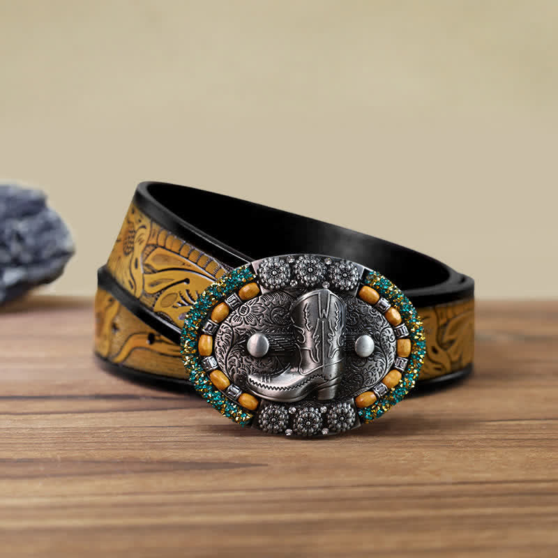 Cintura in pelle con fibbia per stivali con perline di legno e strass fai da te da uomo