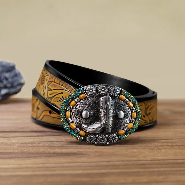 Cintura in pelle con fibbia per stivali con perline di legno e strass fai da te da uomo