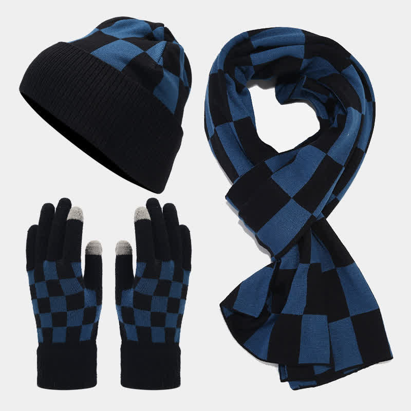 Set di 3 cappelli, sciarpe e guanti a quadri a scacchi unisex