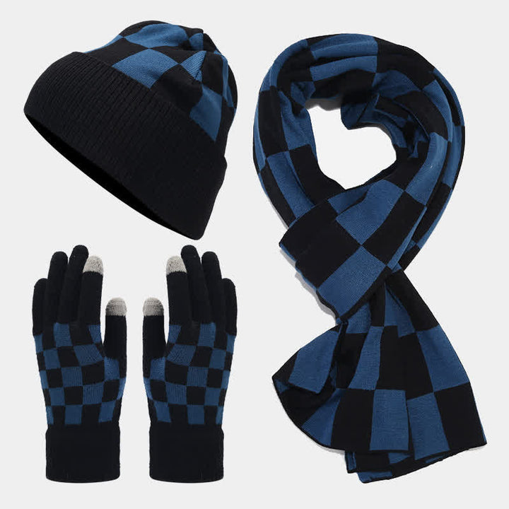 Set di 3 cappelli, sciarpe e guanti a quadri a scacchi unisex