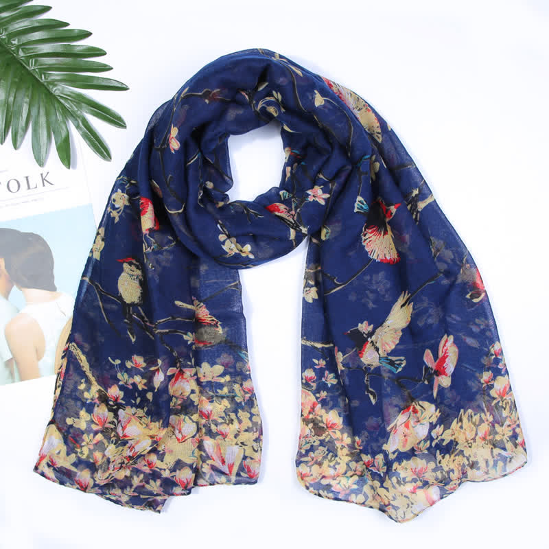 Sciarpa leggera da donna con uccelli floreali in fiore