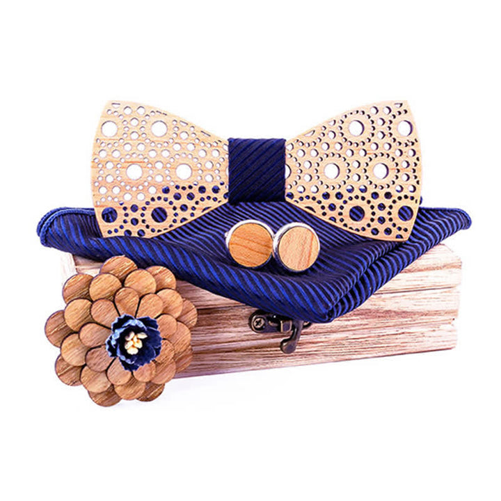 Set di 4 papillon rotondi in legno cavo da uomo - Strisce blu notte - image 5