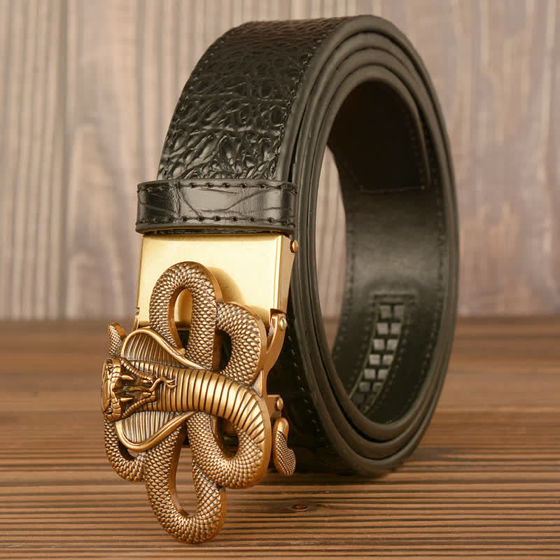 Cintura da uomo in pelle con motivo coccodrillo Cobra arricciato - Oro e nero - 46 - image 1