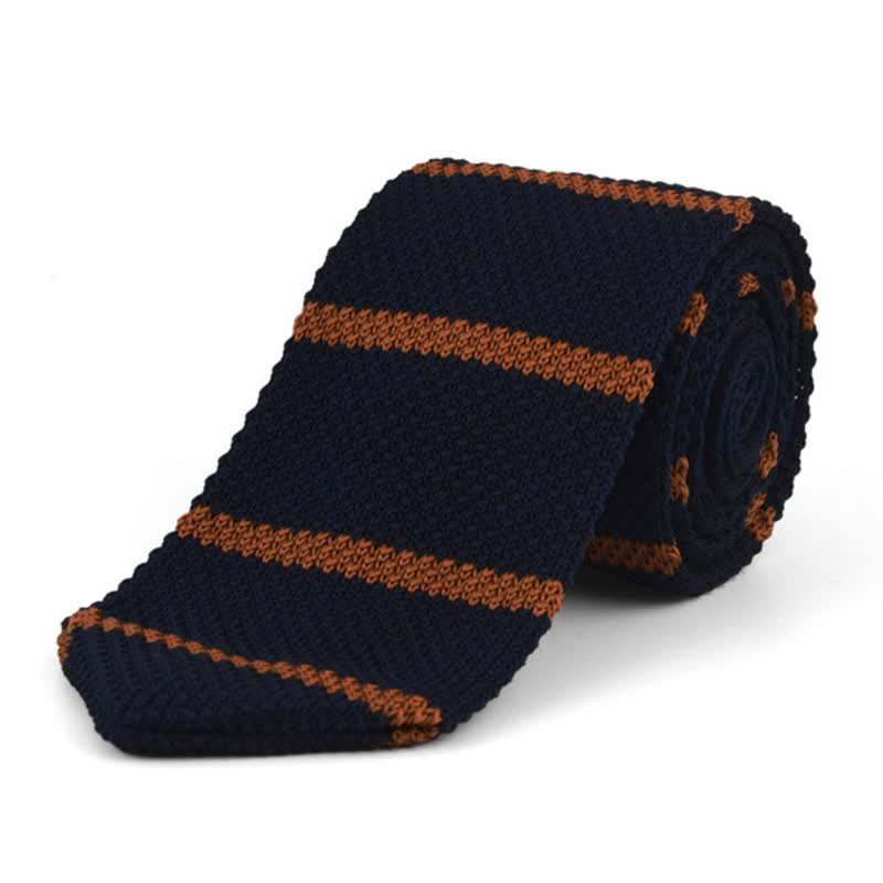 Cravatta lavorata a maglia a righe orizzontali da uomo - Arancione e blu navy - image 0
