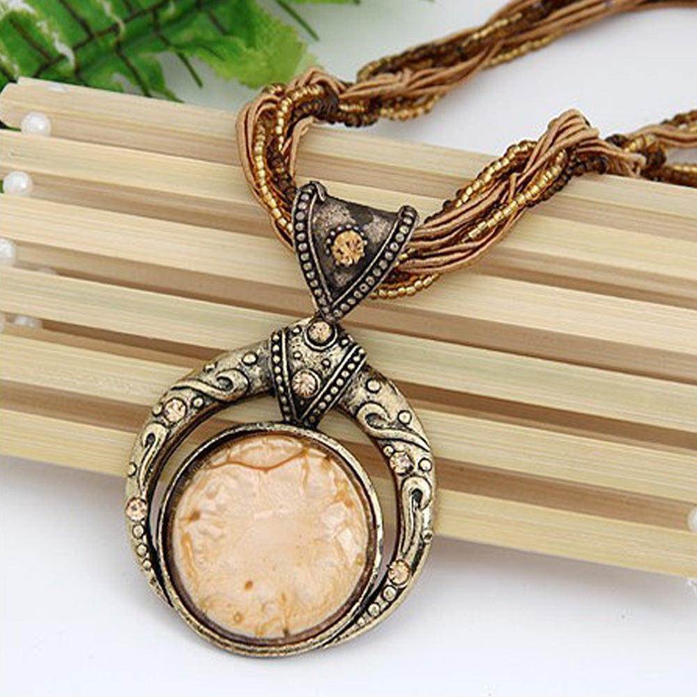Collana bohemien vintage fatta a mano con perline e pietra rotonda - Caffè - image 8