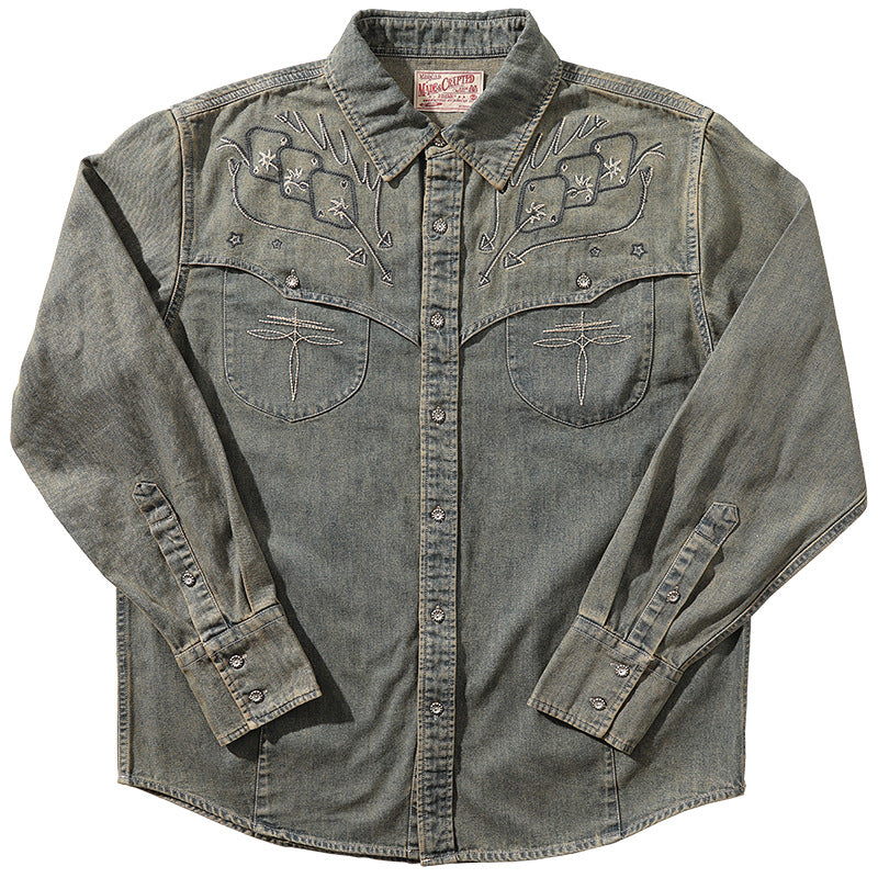 Camicia da cowboy western in denim lavato ricamato Gambler - Blu denim - 3XL - image 1