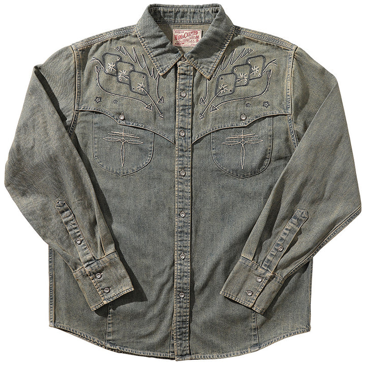 Camicia da cowboy western in denim lavato ricamato Gambler - Blu denim - 3XL - image 1