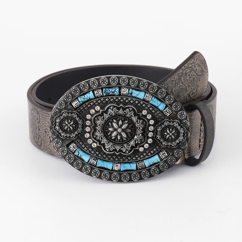 Cintura in pelle con decorazione floreale turchese bohémien da uomo - Floreale - 36 - image 0