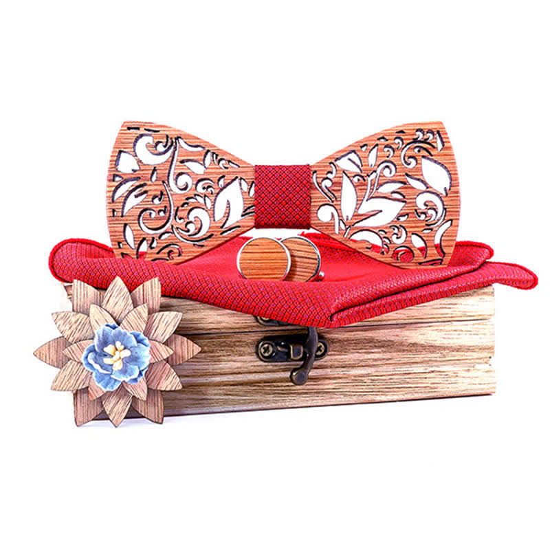 Set di 4 papillon in legno cavo da uomo con pianta - Rosso - image 7