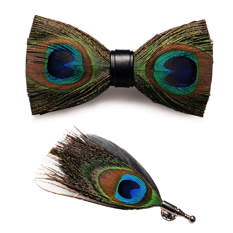 Papillon con piume di pavone verde per bambini con spilla da bavero