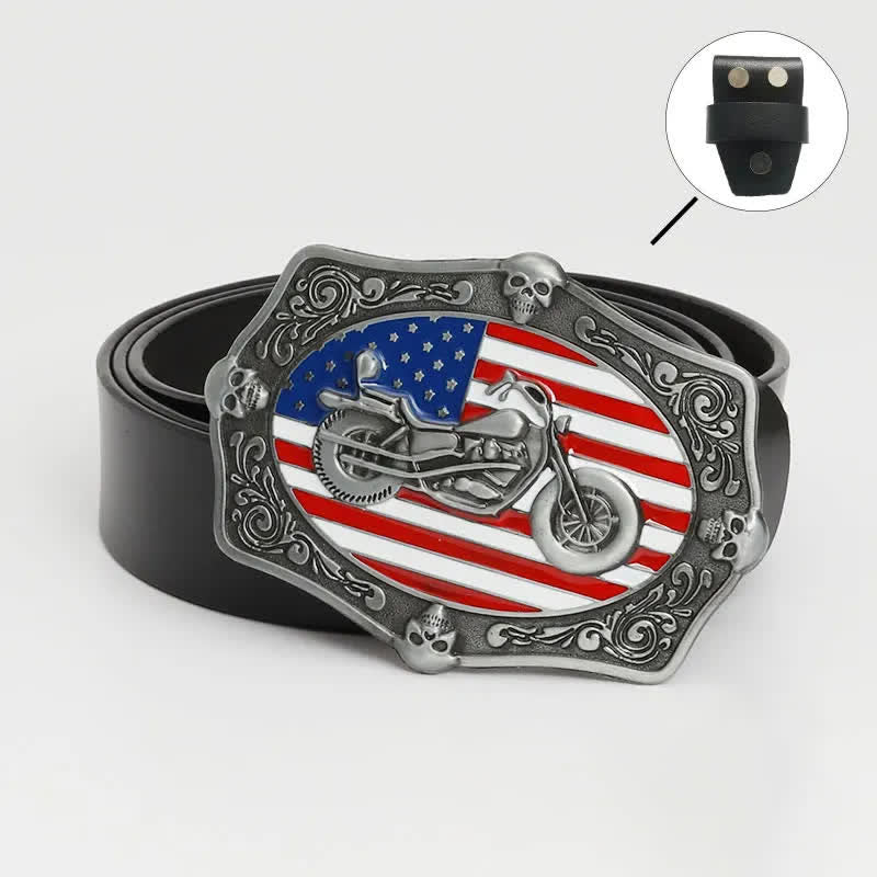 Cintura in pelle da uomo con teschio e bandiera americana per motociclisti