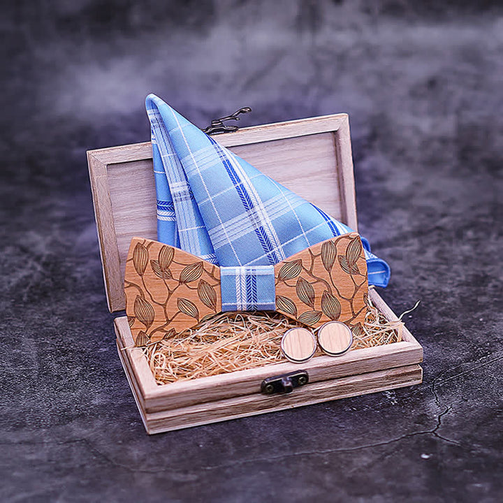 Set di 3 papillon in legno con motivo a foglia da uomo
