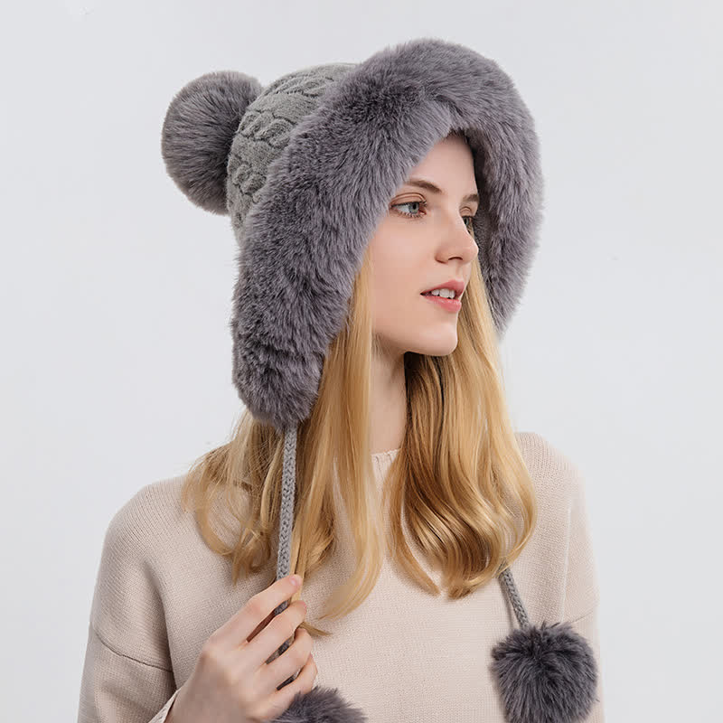 Cappello lavorato a maglia caldo e spesso con pompon tripli da donna - image 1