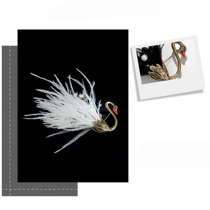 Spilla da donna con piuma di peluche a forma di cigno bianco/nero