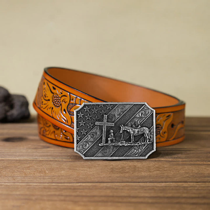 Cintura in pelle fai da te da uomo con fibbia a forma di cavallo con croce e bandiera americana